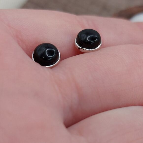 925 Sterling Silver Black Agate Stud Earrings - Picture 3 of 7